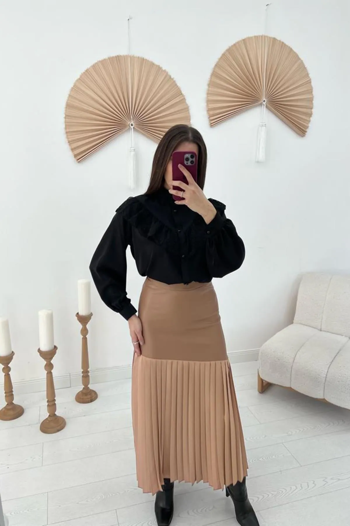 ELS High-Waisted Leather Trimmed Skirt - Mink - Newport