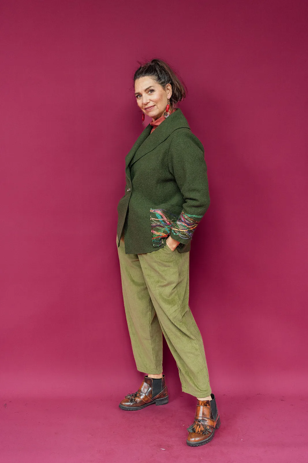 Embellished Cropped Wool Coat in Forest Green