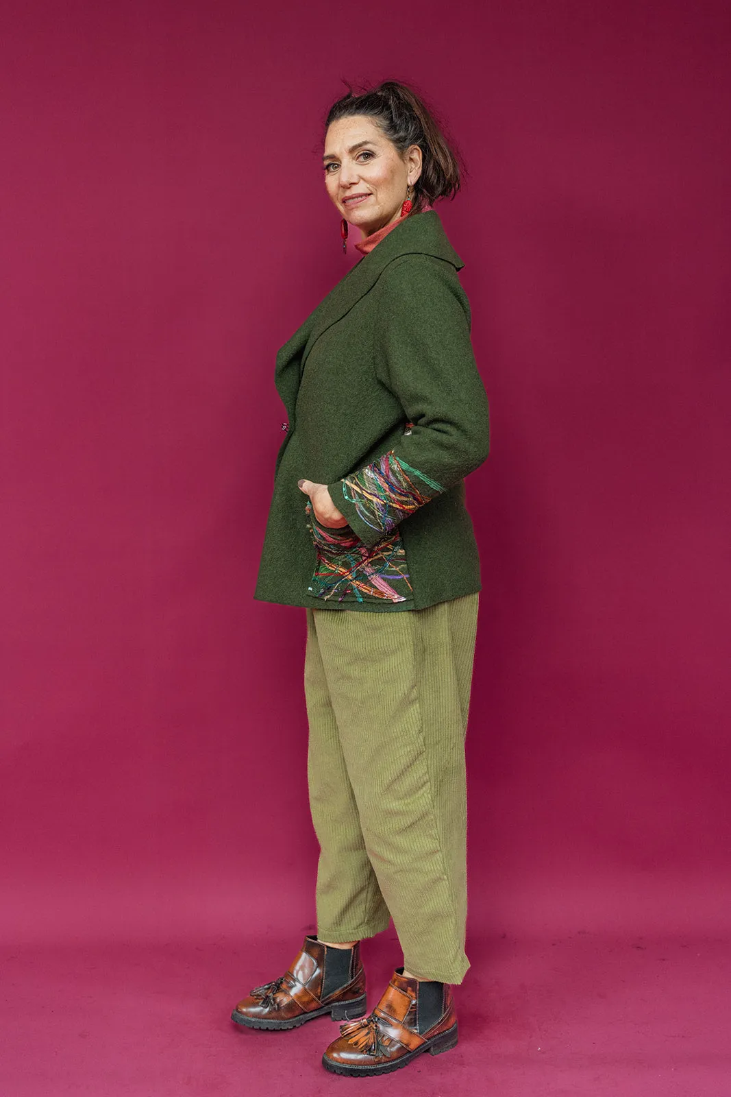 Embellished Cropped Wool Coat in Forest Green