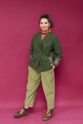 Embellished Cropped Wool Coat in Forest Green