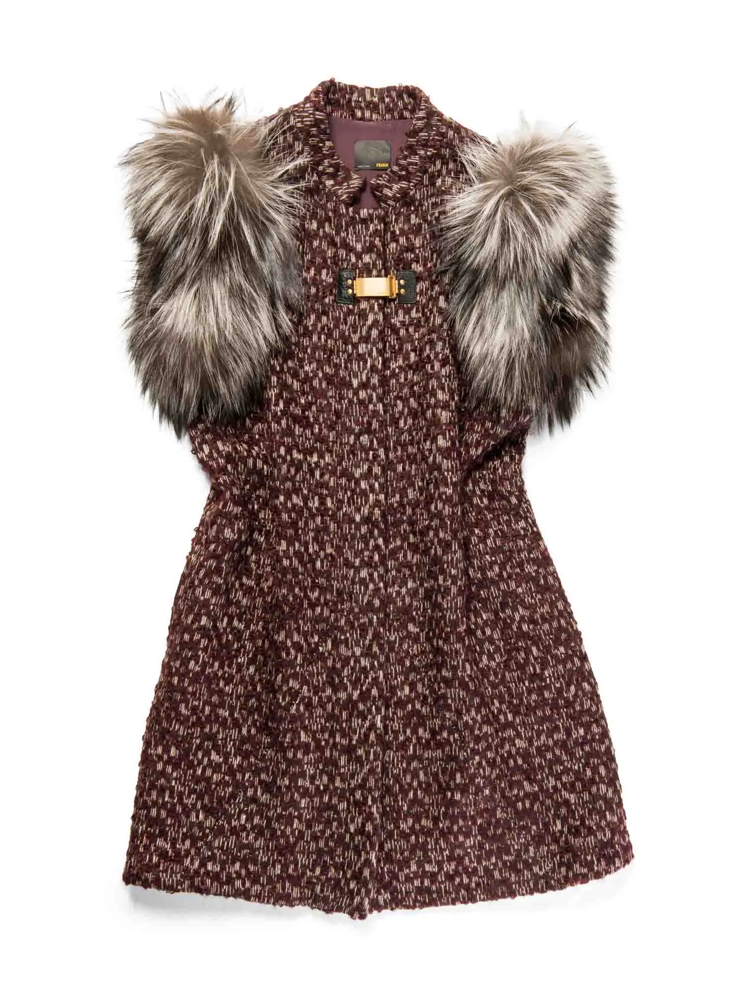 Fendi Logo Tweed Fox Fur Knitted Vest Burgundy Brown Cream