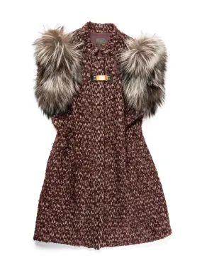 Fendi Logo Tweed Fox Fur Knitted Vest Burgundy Brown Cream