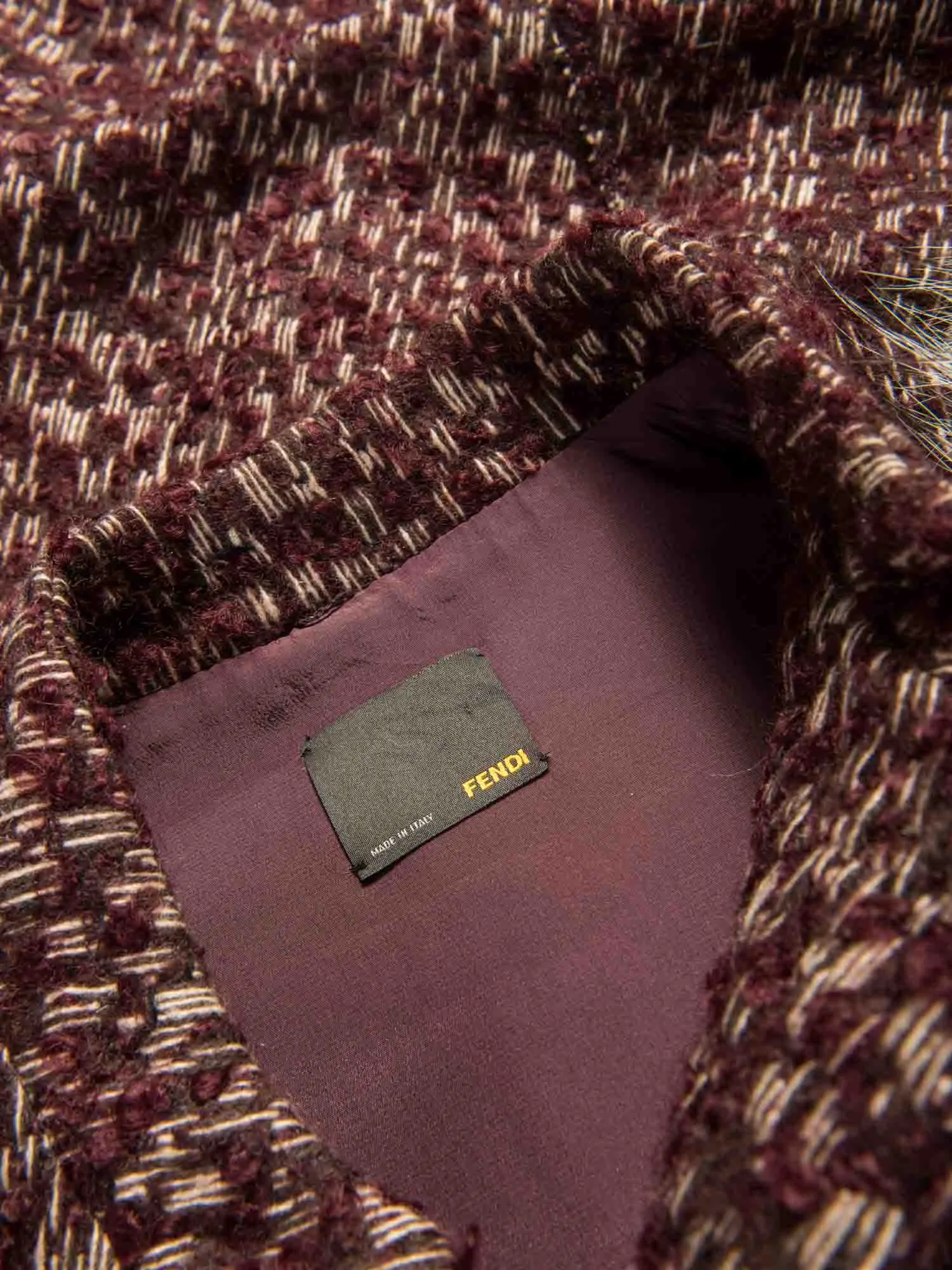 Fendi Logo Tweed Fox Fur Knitted Vest Burgundy Brown Cream