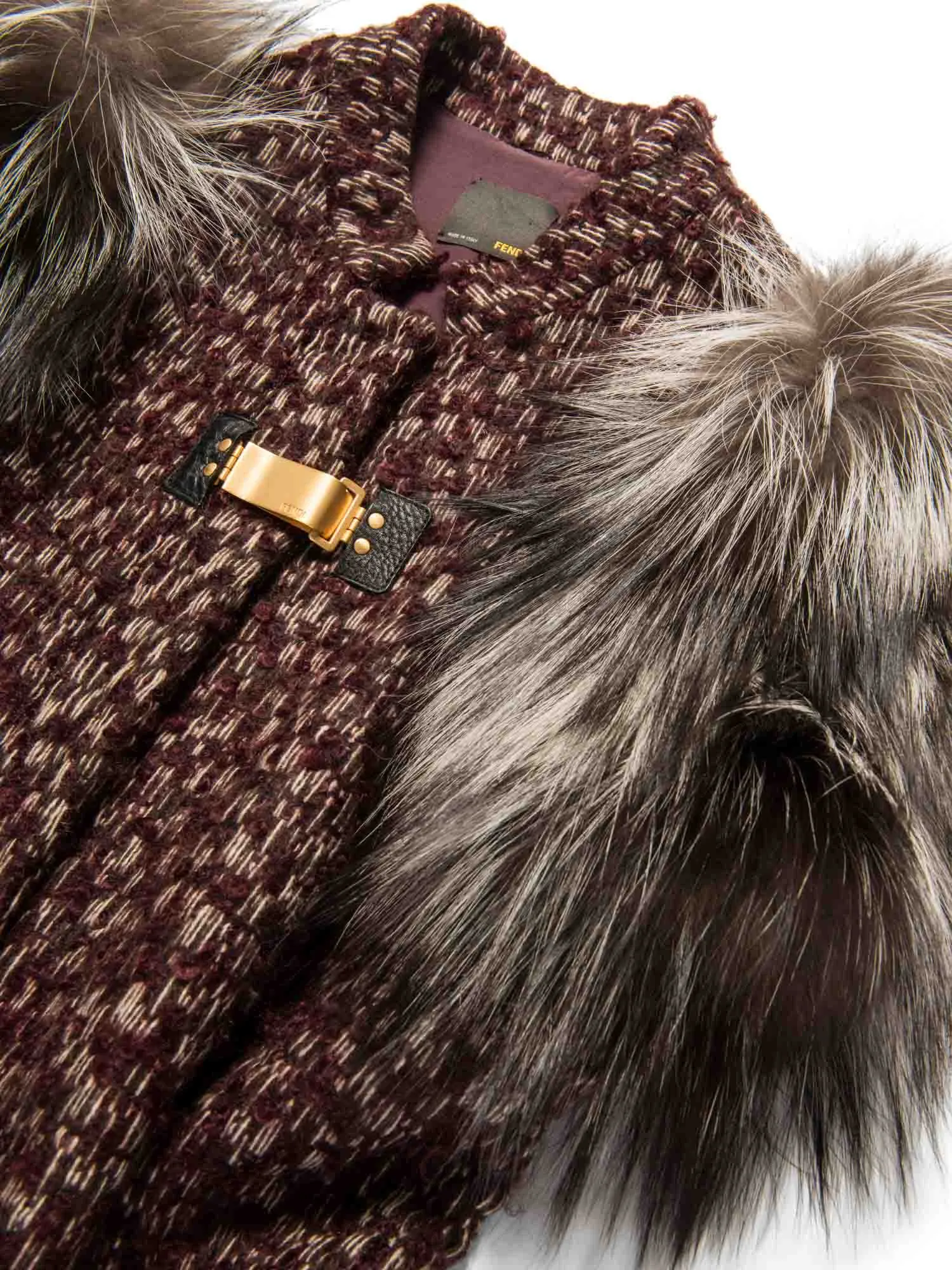 Fendi Logo Tweed Fox Fur Knitted Vest Burgundy Brown Cream