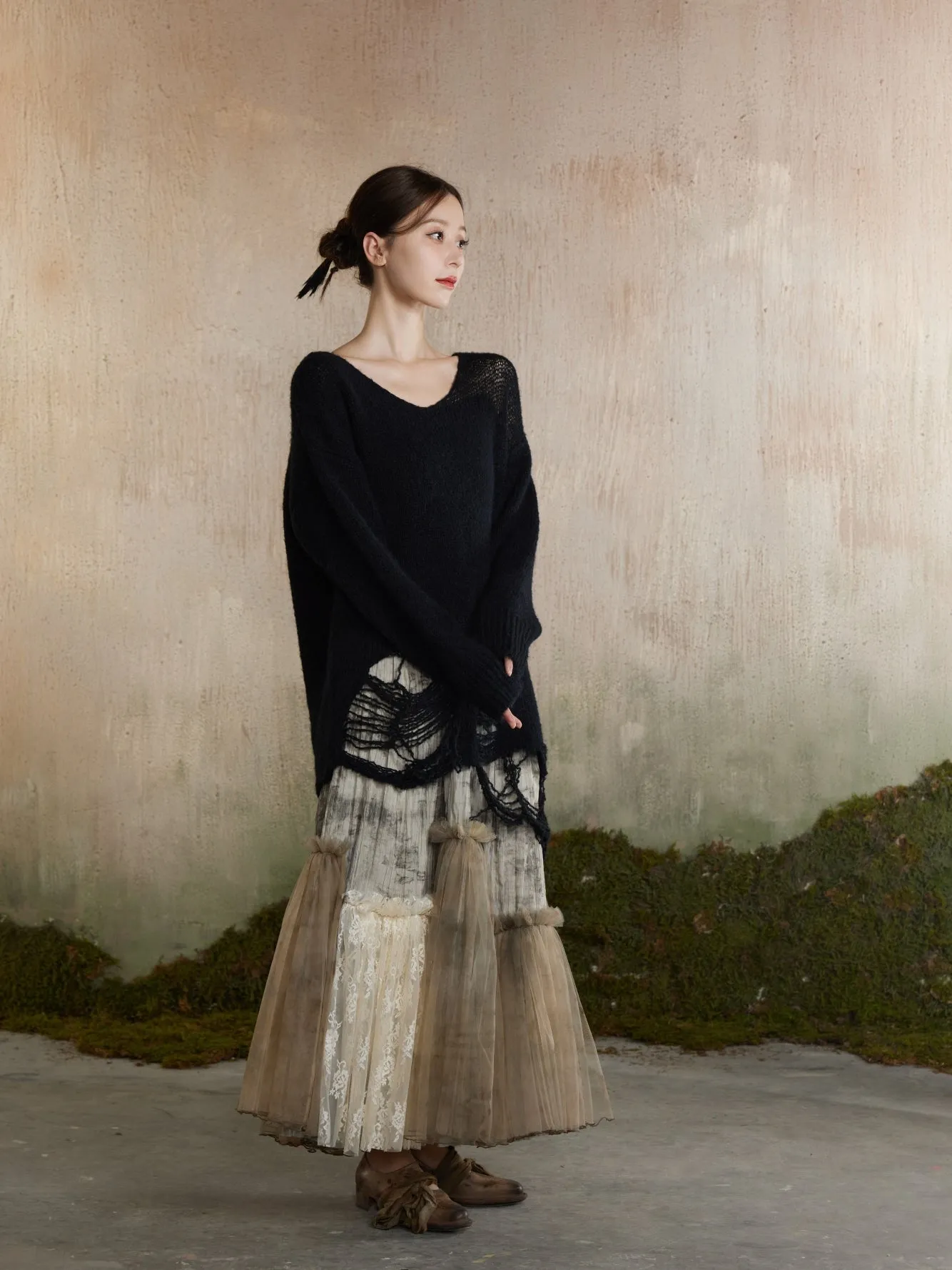 Flare Tulle Ciffon Tiered Fluffily Tie-Dye Long-Skirt