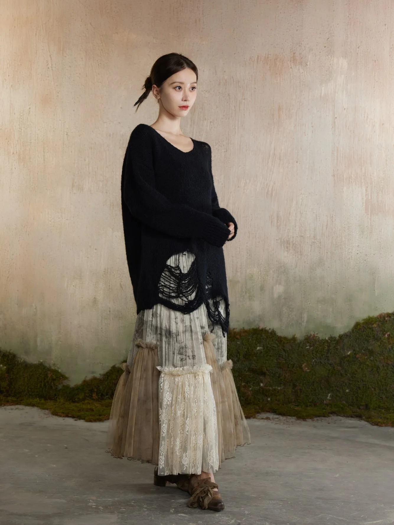 Flare Tulle Ciffon Tiered Fluffily Tie-Dye Long-Skirt