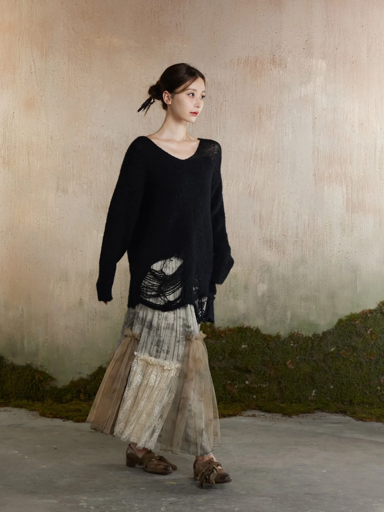 Flare Tulle Ciffon Tiered Fluffily Tie-Dye Long-Skirt