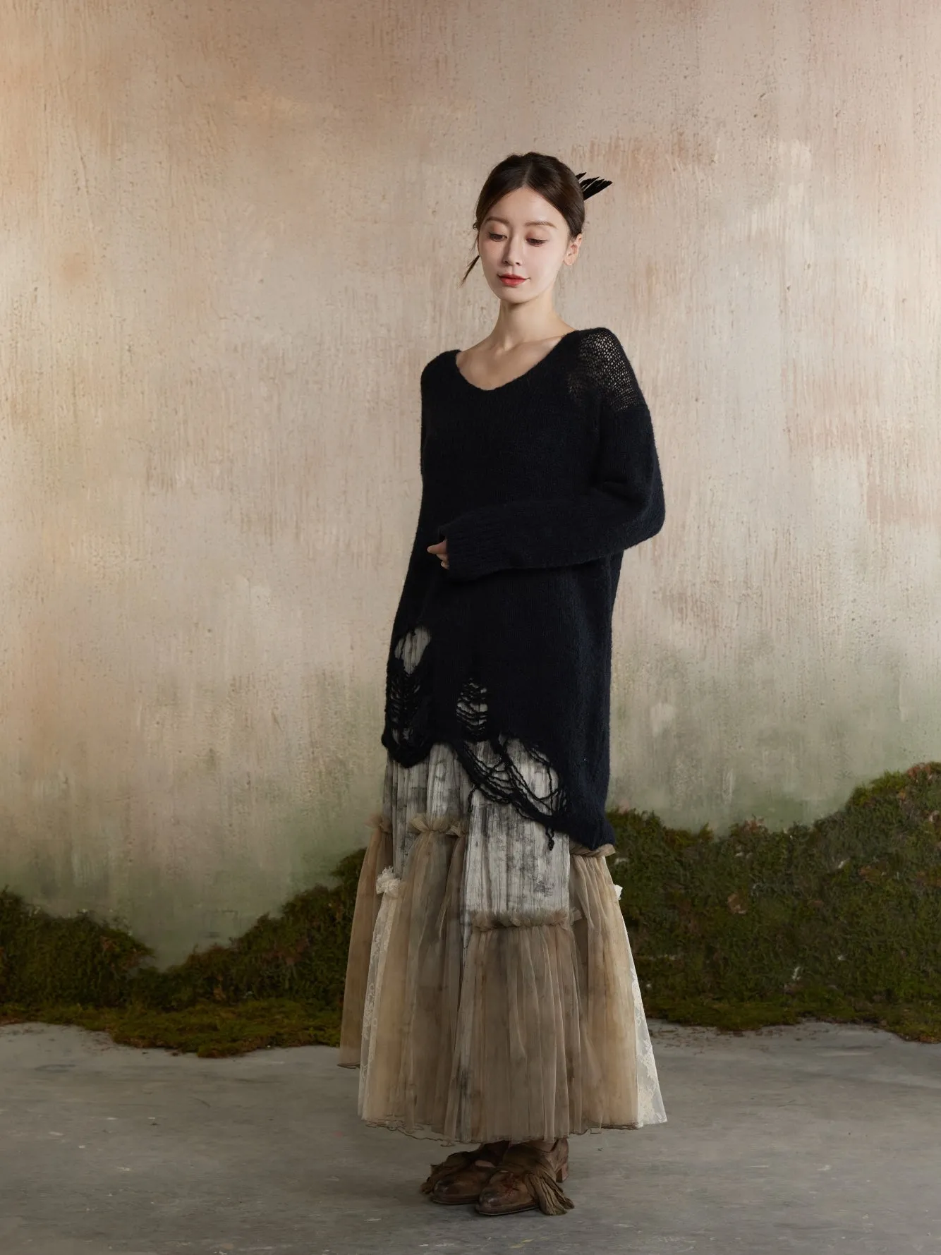Flare Tulle Ciffon Tiered Fluffily Tie-Dye Long-Skirt