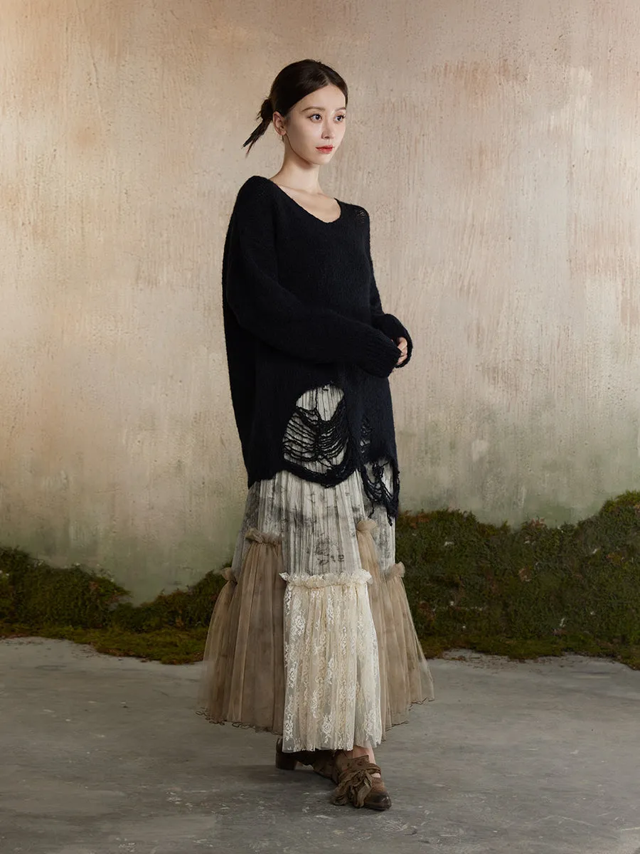 Flare Tulle Ciffon Tiered Fluffily Tie-Dye Long-Skirt