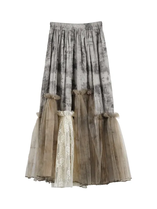 Flare Tulle Ciffon Tiered Fluffily Tie-Dye Long-Skirt