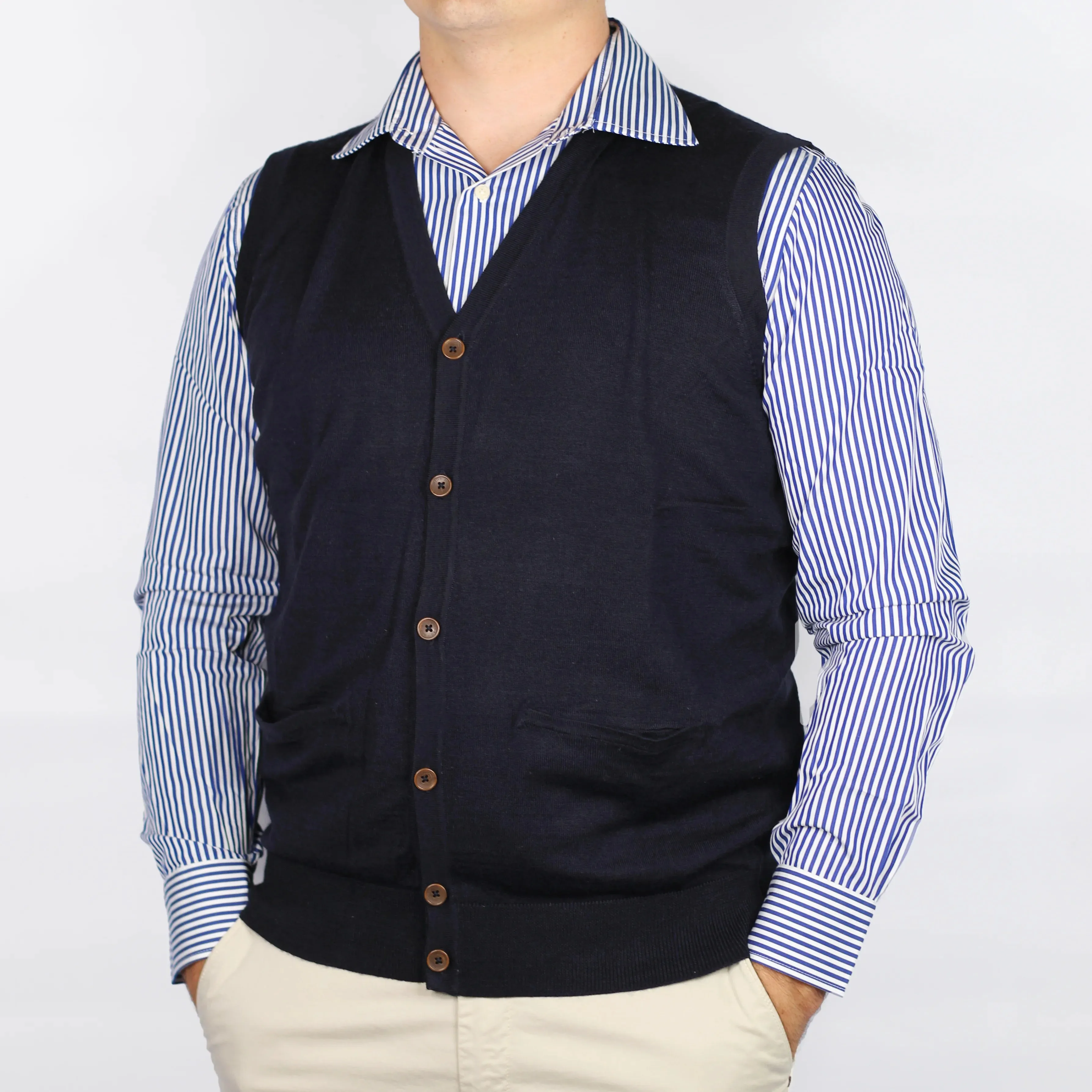 Fusaro Antonio merino wool knitted, button up vest in navy blue (MA23048)