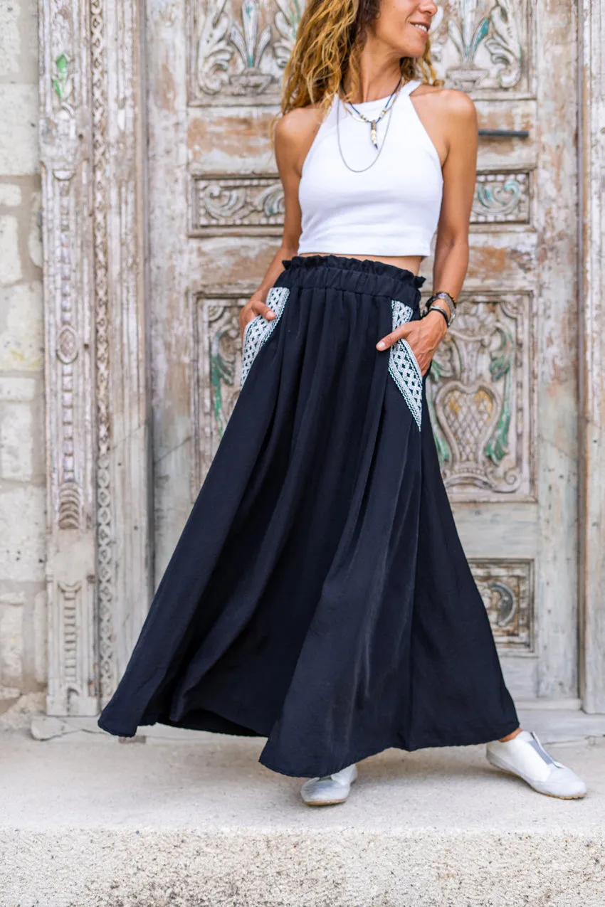 GNS Woman Black Pocket Straw Detailed Elastic Waist Loose Fit Skirt Bst3389 - Lakewood