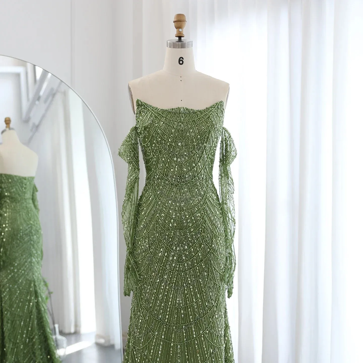 Green Mermaid Evening Gown with Gloves