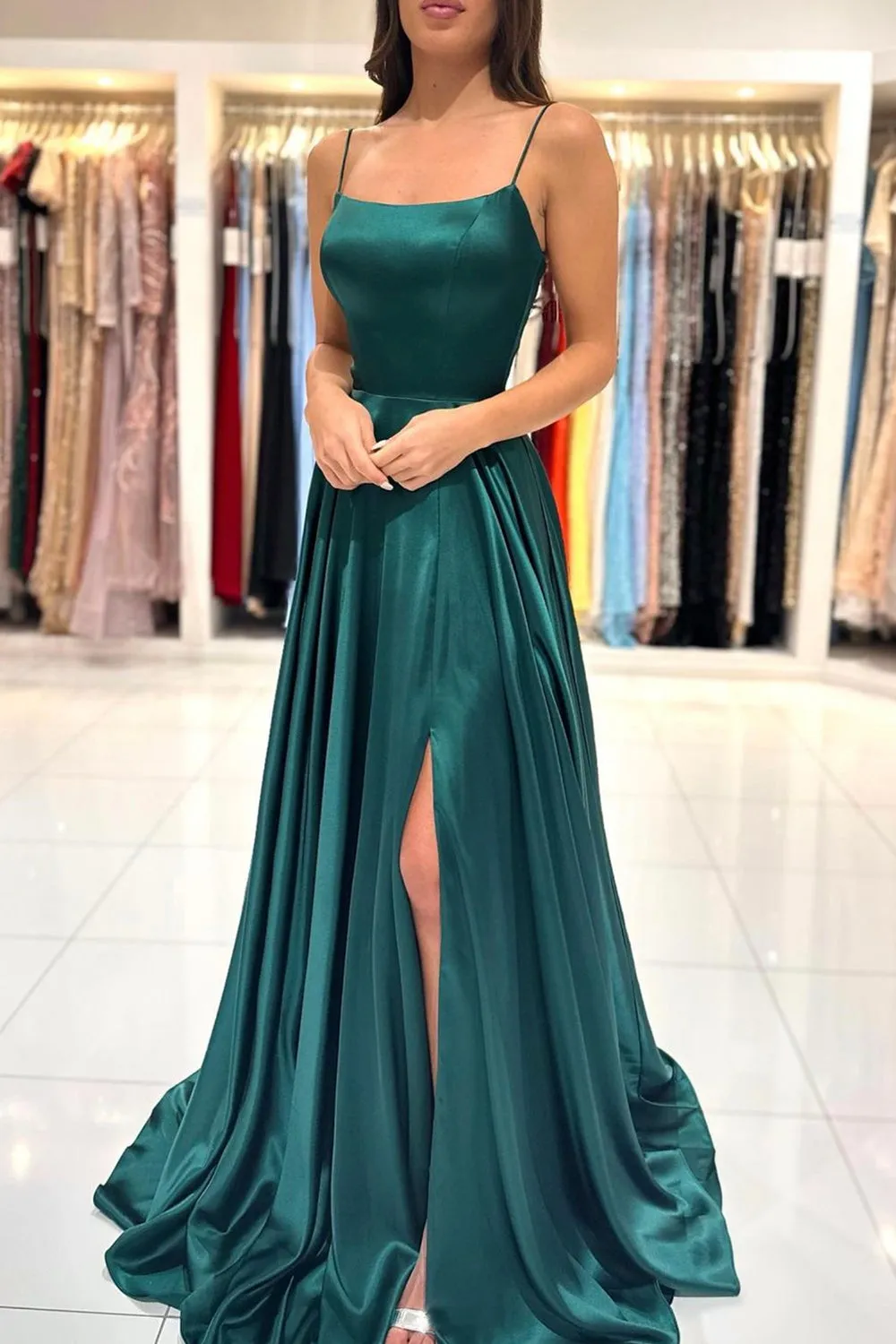 Green Satin Long Prom Dress, Simple A-Line Evening Dress with Slit