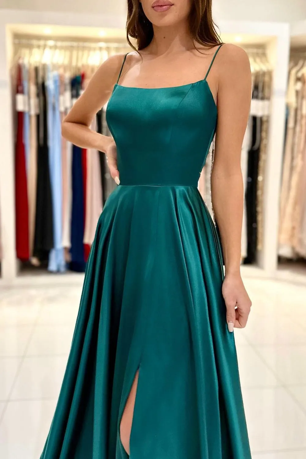 Green Satin Long Prom Dress, Simple A-Line Evening Dress with Slit