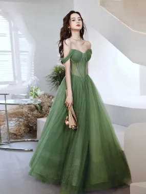 Green Sweetheart Neck Tulle Long Prom Dress, Green A line Formal Dresses