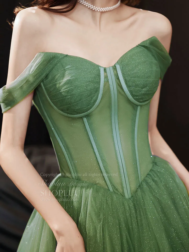 Green Sweetheart Neck Tulle Long Prom Dress, Green A line Formal Dresses