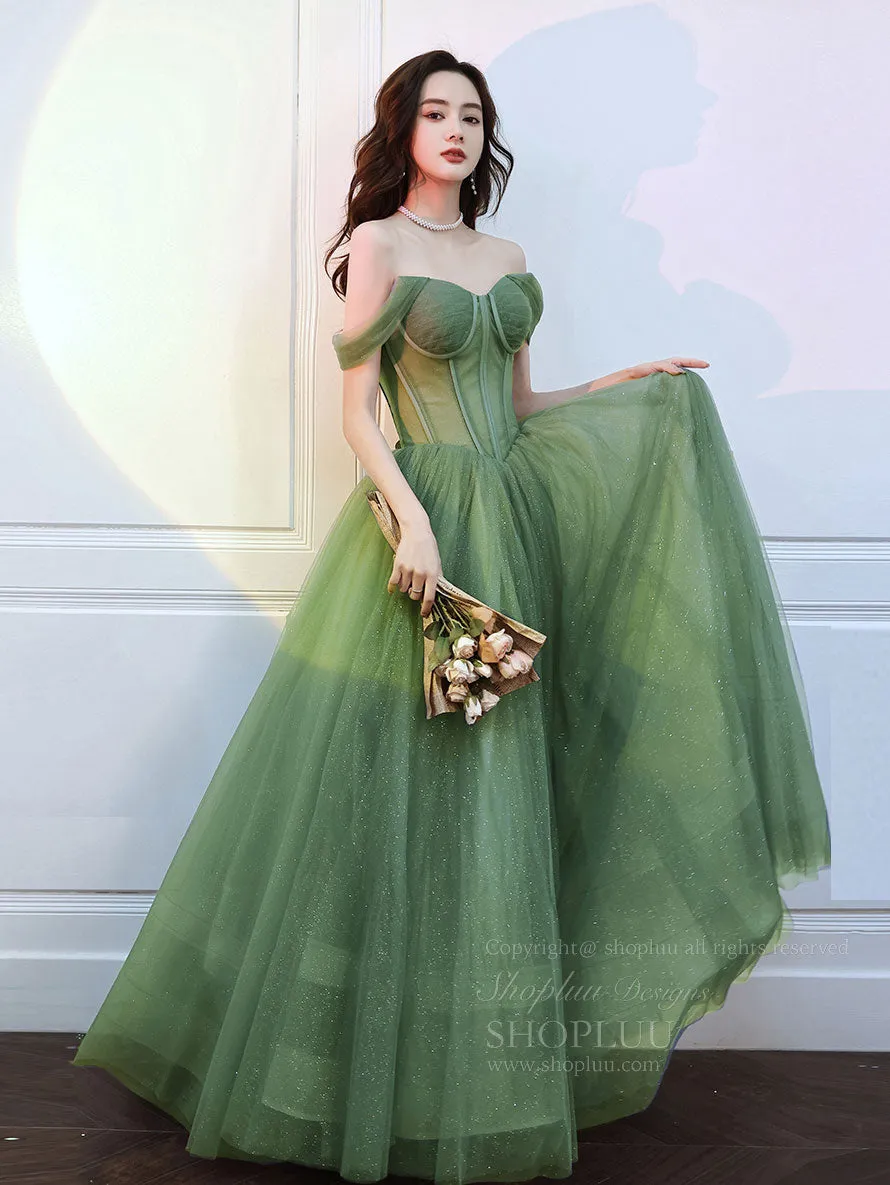 Green Sweetheart Neck Tulle Long Prom Dress, Green A line Formal Dresses