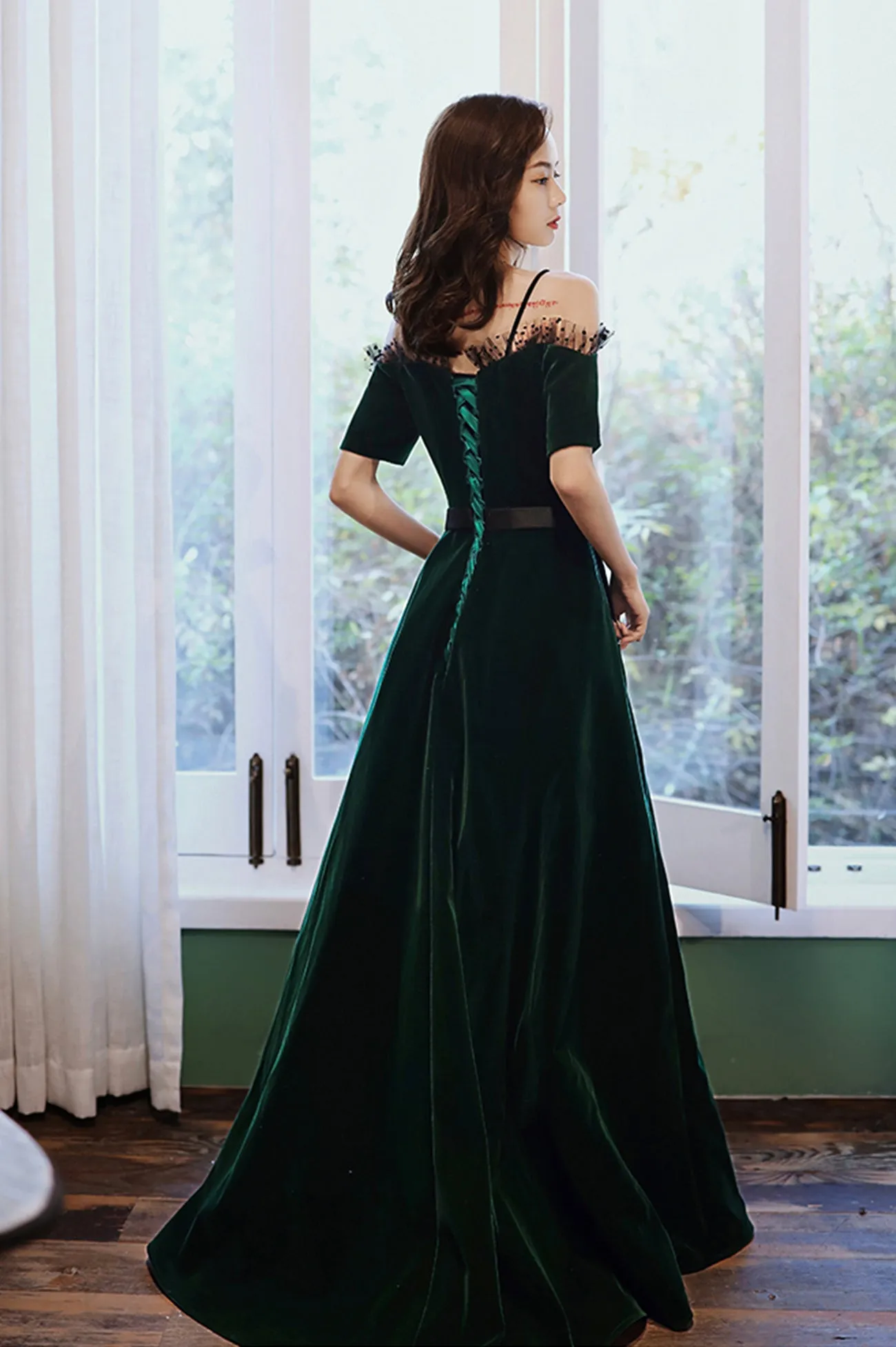 Green Velvet Long A-Line Prom Dress, Green Off the Shoulder Graduation Dress