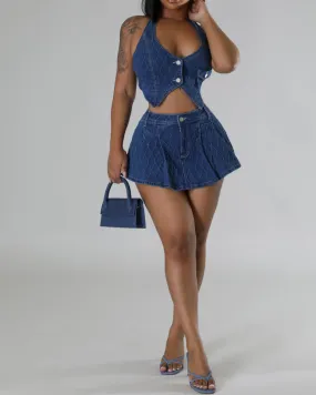 Halter Neck Button Washed Stretch Denim Mini Skirt Set