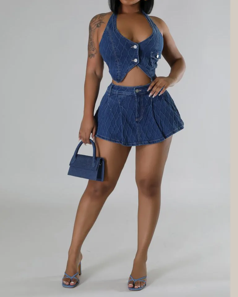 Halter Neck Button Washed Stretch Denim Mini Skirt Set