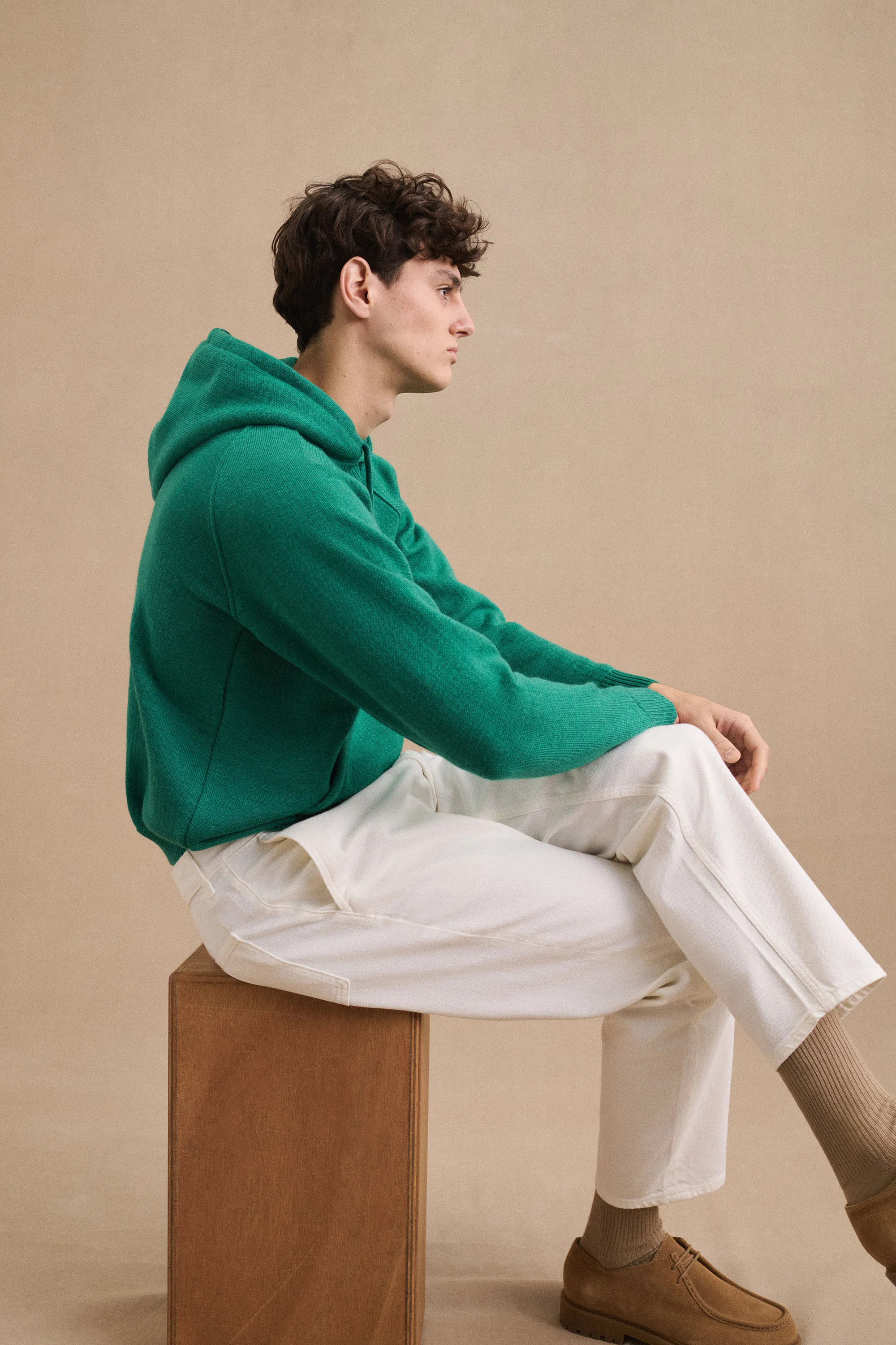 Hoodie vert émeraude en laine mérinos pour homme