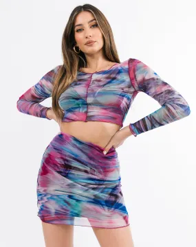 Iona Mesh Long Sleeve Glitch Print Crop Top