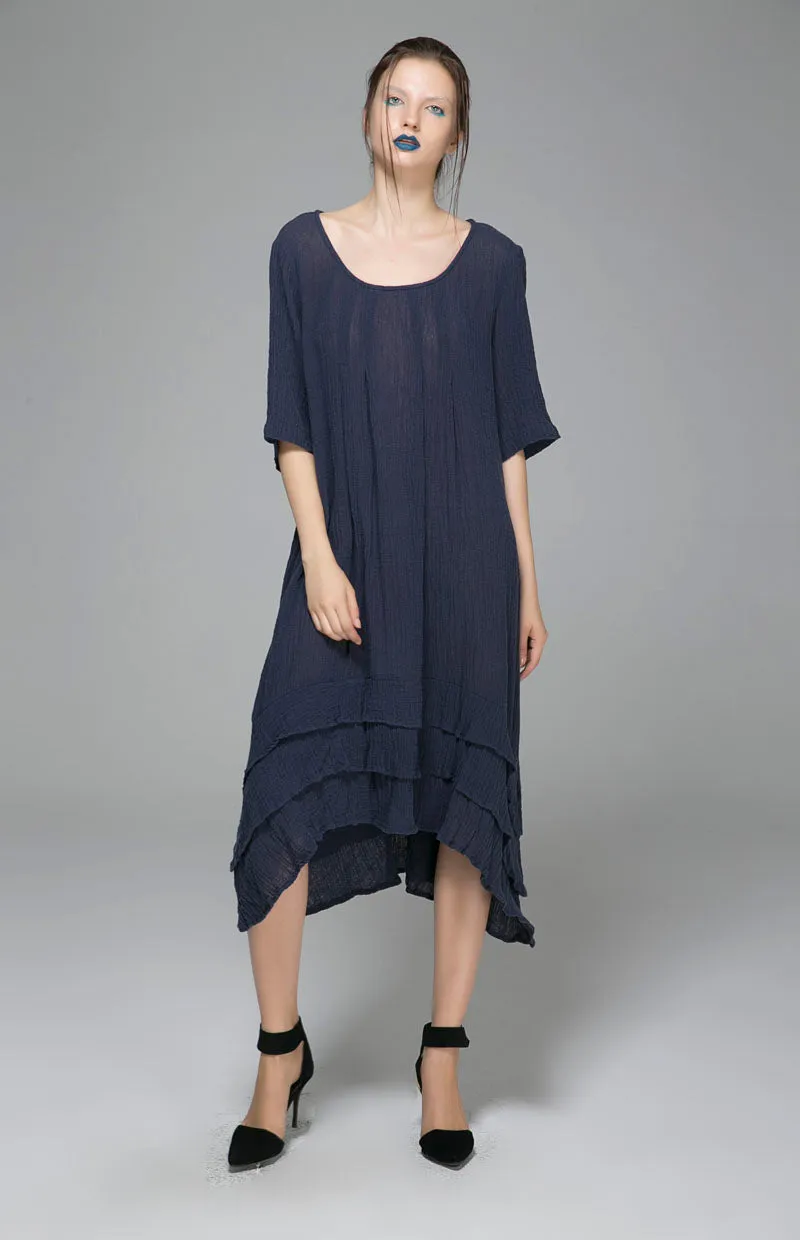 Irregular hem dress with round neck and five minute sleeve 1400