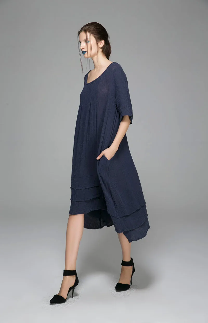 Irregular hem dress with round neck and five minute sleeve 1400