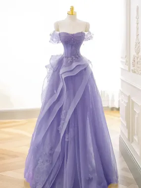 kamahe A-Line Off Shoulder Tulle Lace Purple Long Prom Dress, Purple Lace Long Formal Dress