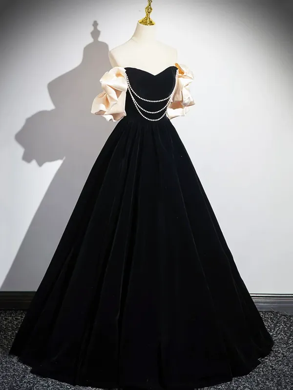 kamahe Black A-Line Velvet Long Prom Dress Formal Party Dress