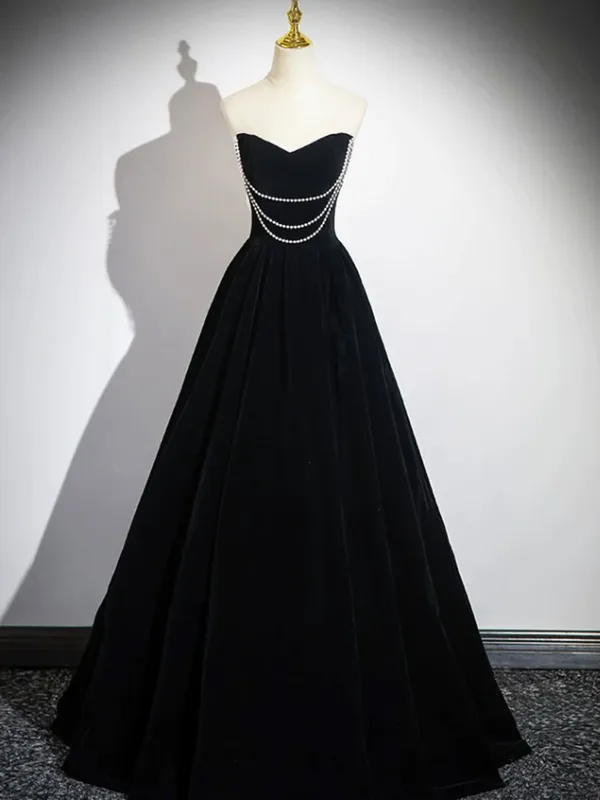 kamahe Black A-Line Velvet Long Prom Dress Formal Party Dress