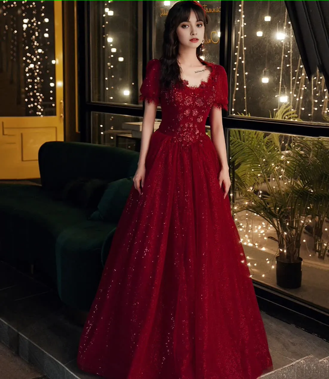 kamahe Burgundy Lace Long A Line Prom Dress Formal Dress