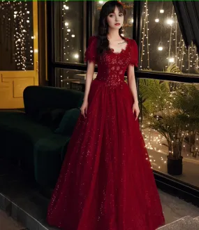 kamahe Burgundy Lace Long A Line Prom Dress Formal Dress