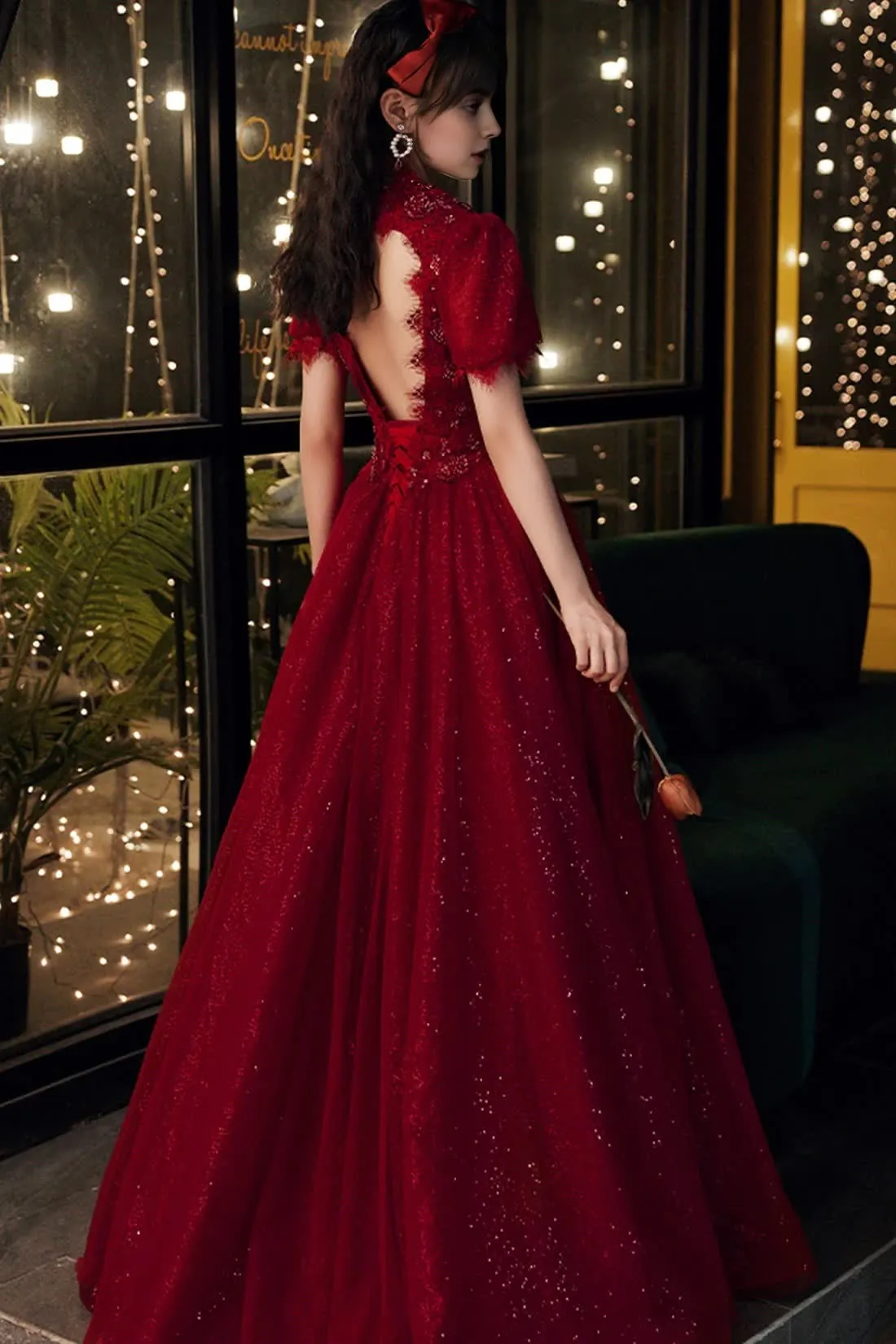 kamahe Burgundy Lace Long A Line Prom Dress Formal Dress