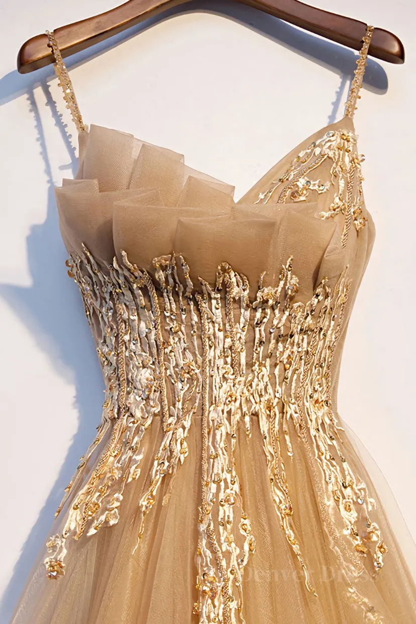 kamahe Champagne tulle lace long prom dress champagne formal dress