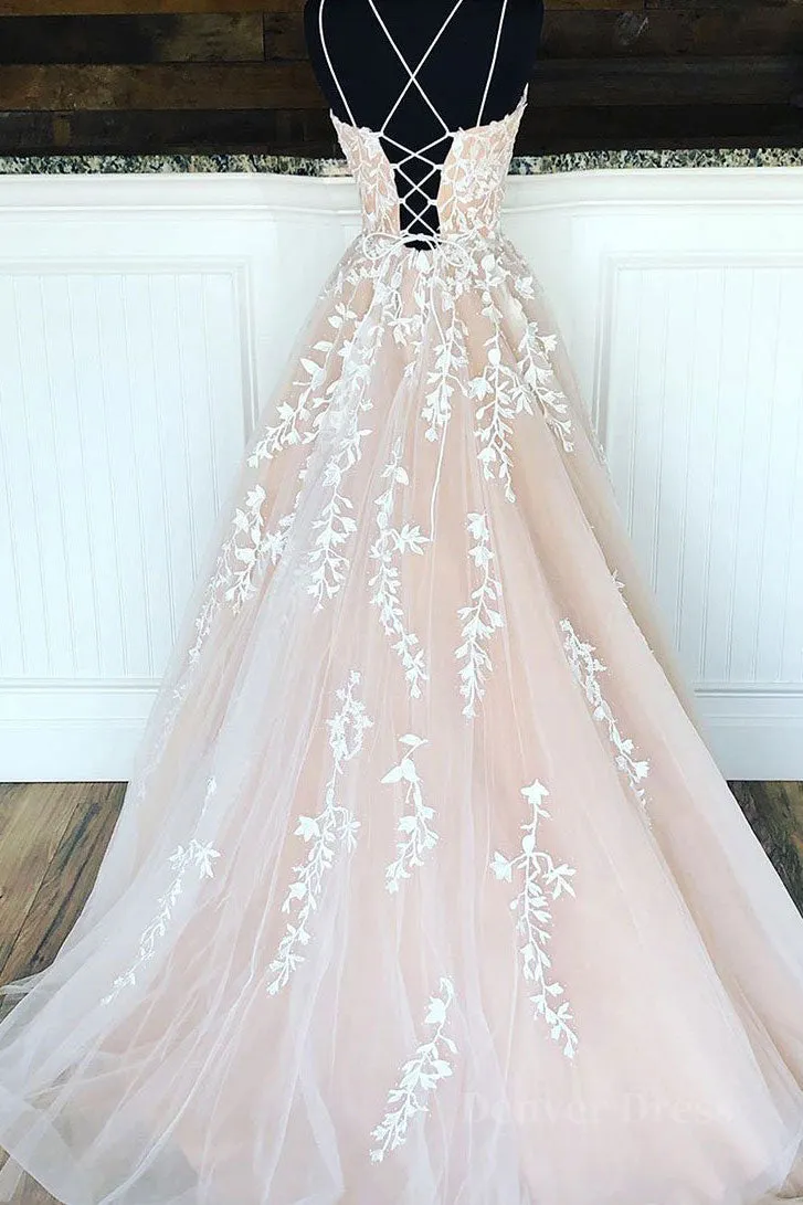 kamahe Champagne tulle lace long prom dress, champagne tulle formal dress