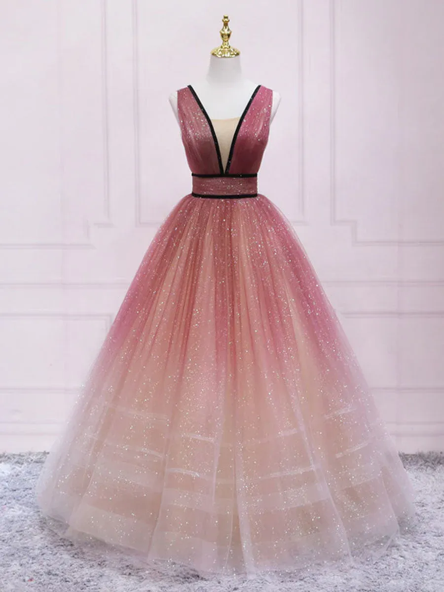 kamahe Glitter A-Line V Neck Tulle Long Prom Dress Tulle Long Formal Party Dress