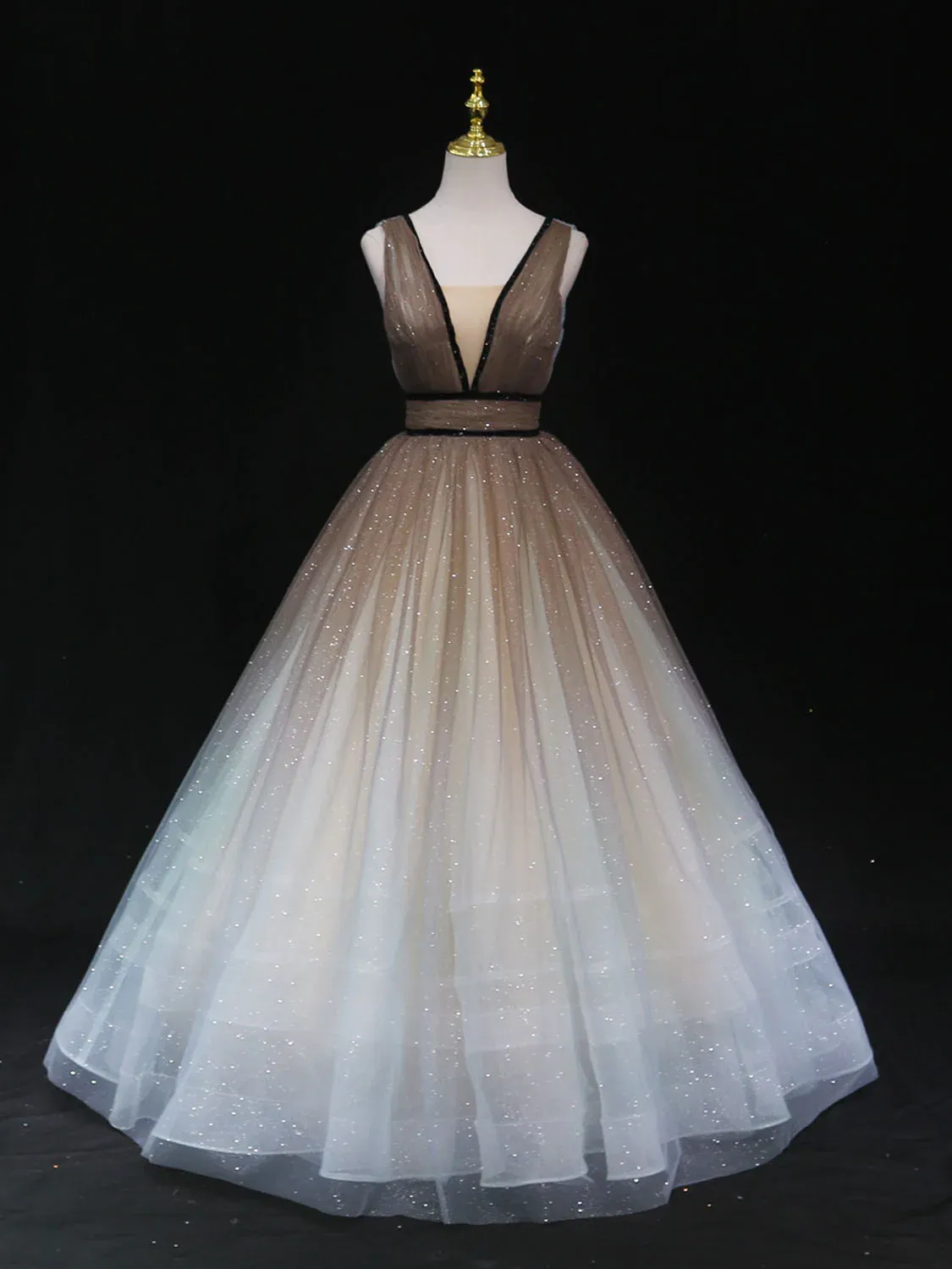 kamahe Glitter A-Line V Neck Tulle Long Prom Dress Tulle Long Formal Party Dress