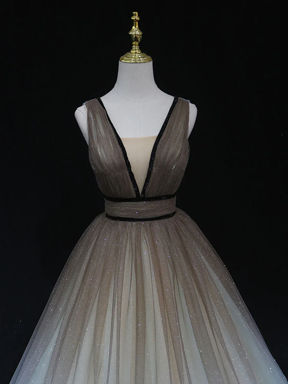 kamahe Glitter A-Line V Neck Tulle Long Prom Dress Tulle Long Formal Party Dress