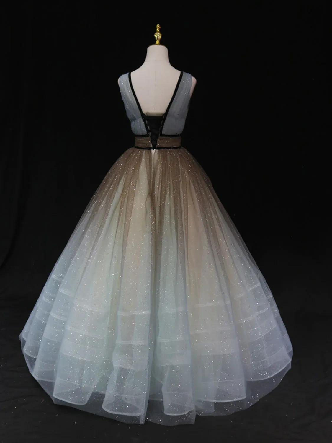 kamahe Glitter A-Line V Neck Tulle Long Prom Dress Tulle Long Formal Party Dress