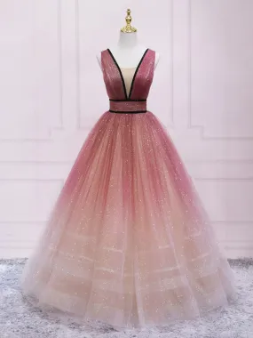 kamahe Glitter A-Line V Neck Tulle Long Prom Dress Tulle Long Formal Party Dress