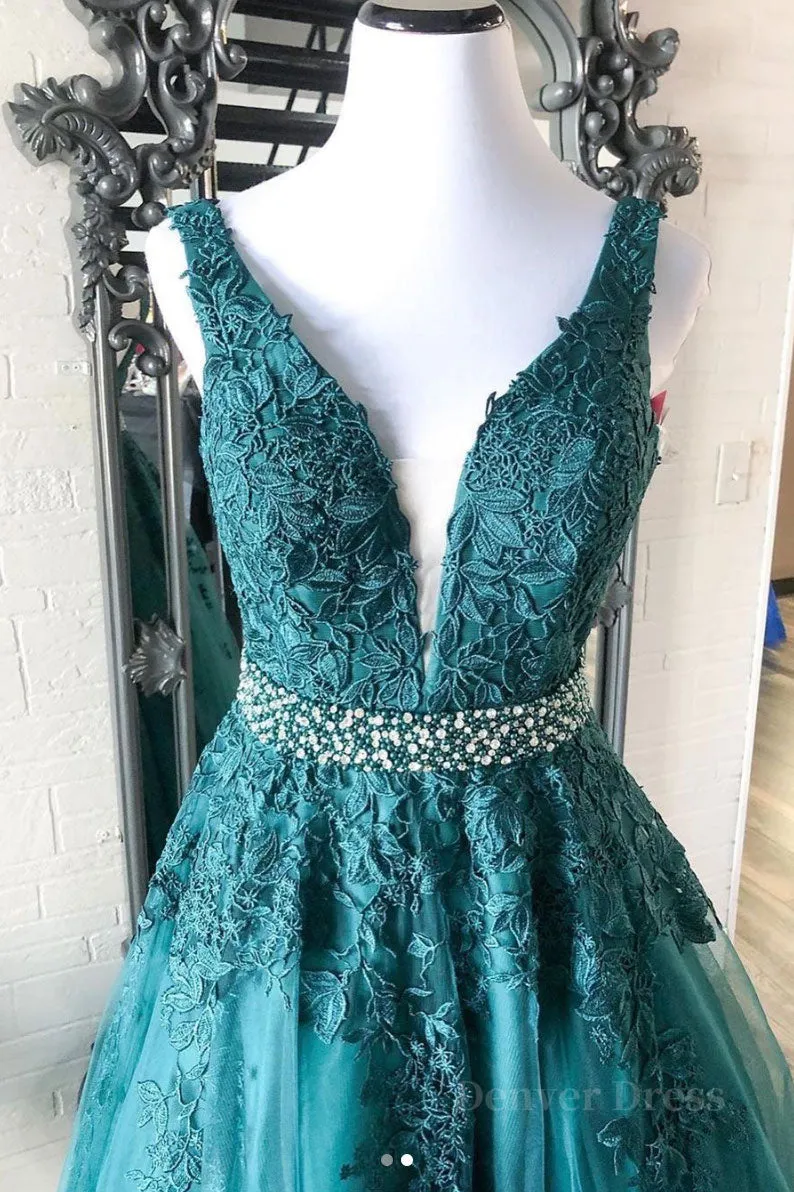 kamahe Green v neck tulle lace long prom dress, green formal dress