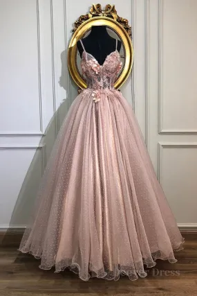 kamahe Pink sweetheart tulle lace long prom dress pink tulle formal dress