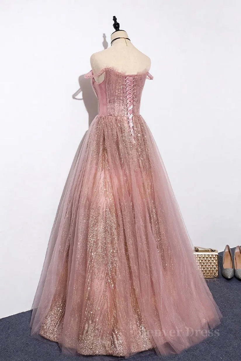 kamahe Pink tulle lace long prom dress pink tulle formal dress