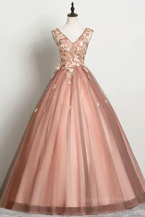 kamahe Pink v neck tulle lace long prom dress pink tulle formal dress