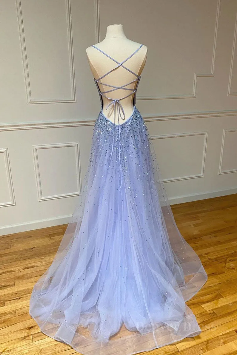 kamahe Purple tulle sequin long prom dress tulle formal dress