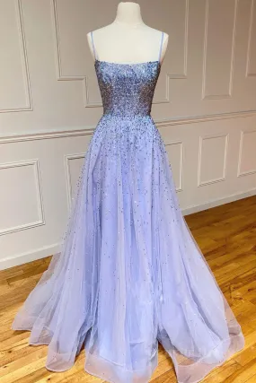 kamahe Purple tulle sequin long prom dress tulle formal dress