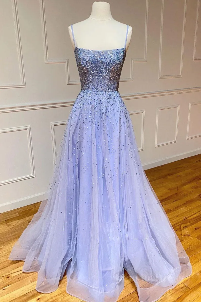 kamahe Purple tulle sequin long prom dress tulle formal dress