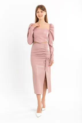 KKT Leather Fabric Above Knee Shirred Slit Women'S Skirt - Light Pink - Arlington